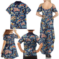 Hawaii Islands Map Design with Japanese Landscape Family Matching Summer Maxi Dress and Hawaiian Shirt Hawaiian Japan Fusion Art Navy Color LT03 - Polynesian Pride