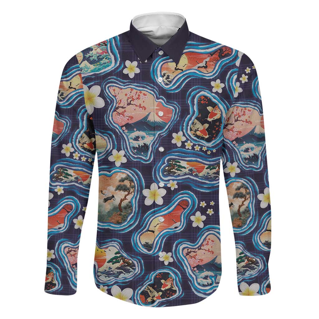Hawaii Islands Map Design with Japanese Landscape Family Matching Summer Maxi Dress and Hawaiian Shirt Hawaiian Japan Fusion Art Navy Color LT03 Dad's Shirt - Long Sleeve Navy - Polynesian Pride