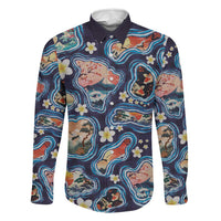 Hawaii Islands Map Design with Japanese Landscape Family Matching Summer Maxi Dress and Hawaiian Shirt Hawaiian Japan Fusion Art Navy Color LT03 Dad's Shirt - Long Sleeve Navy - Polynesian Pride