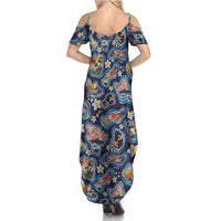 Hawaii Islands Map Design with Japanese Landscape Family Matching Summer Maxi Dress and Hawaiian Shirt Hawaiian Japan Fusion Art Navy Color LT03 - Polynesian Pride