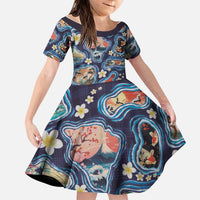 Hawaii Islands Map Design with Japanese Landscape Family Matching Tank Maxi Dress and Hawaiian Shirt Hawaiian Japan Fusion Art Navy Color LT03 Daughter's Dress Navy - Polynesian Pride