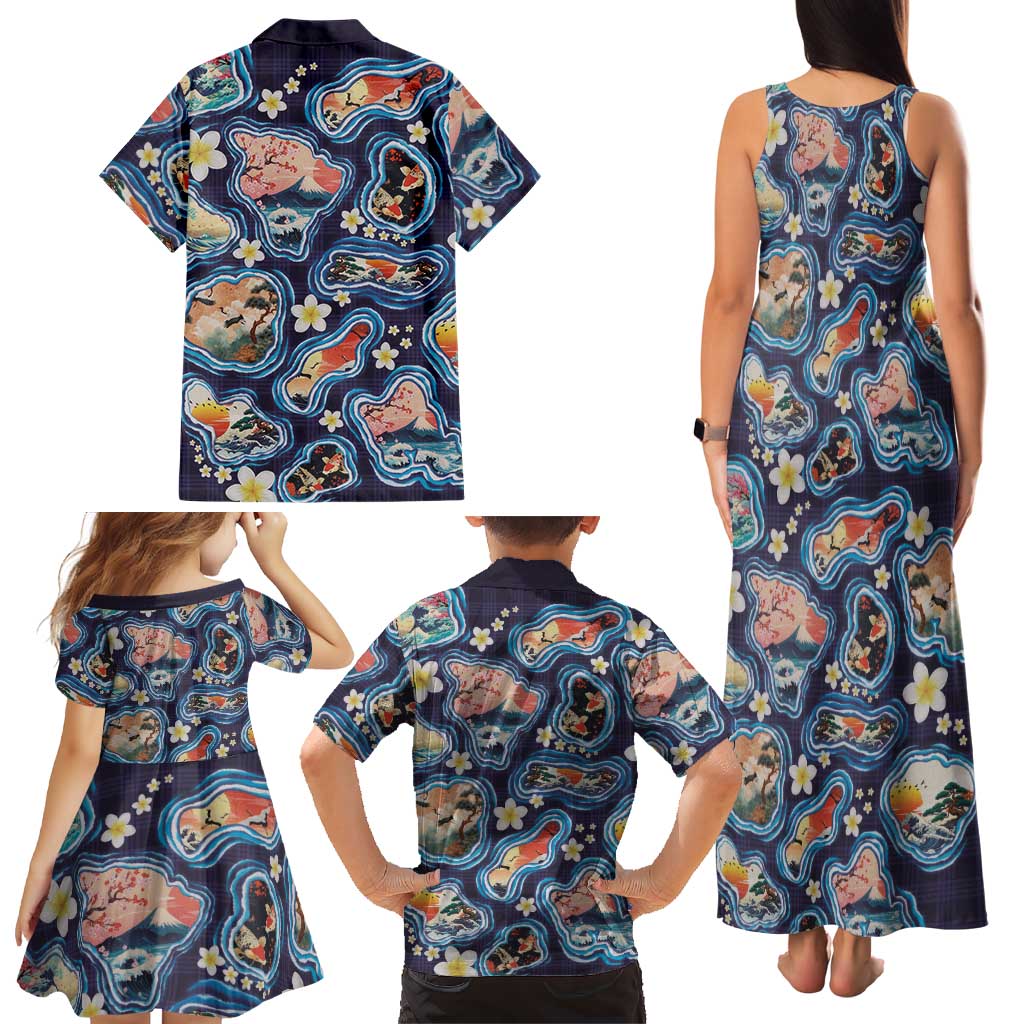Hawaii Islands Map Design with Japanese Landscape Family Matching Tank Maxi Dress and Hawaiian Shirt Hawaiian Japan Fusion Art Navy Color LT03 - Polynesian Pride