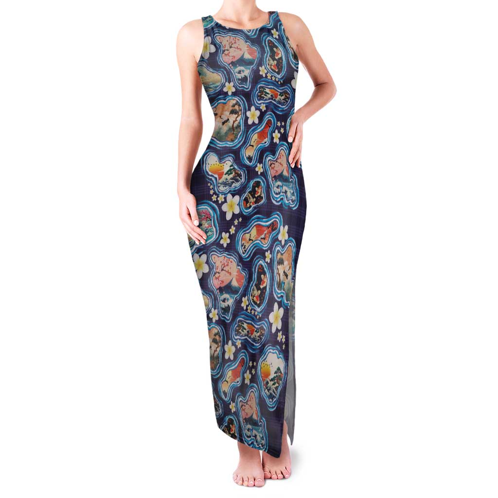 Hawaii Islands Map Design with Japanese Landscape Family Matching Tank Maxi Dress and Hawaiian Shirt Hawaiian Japan Fusion Art Navy Color LT03 Mom's Dress Navy - Polynesian Pride