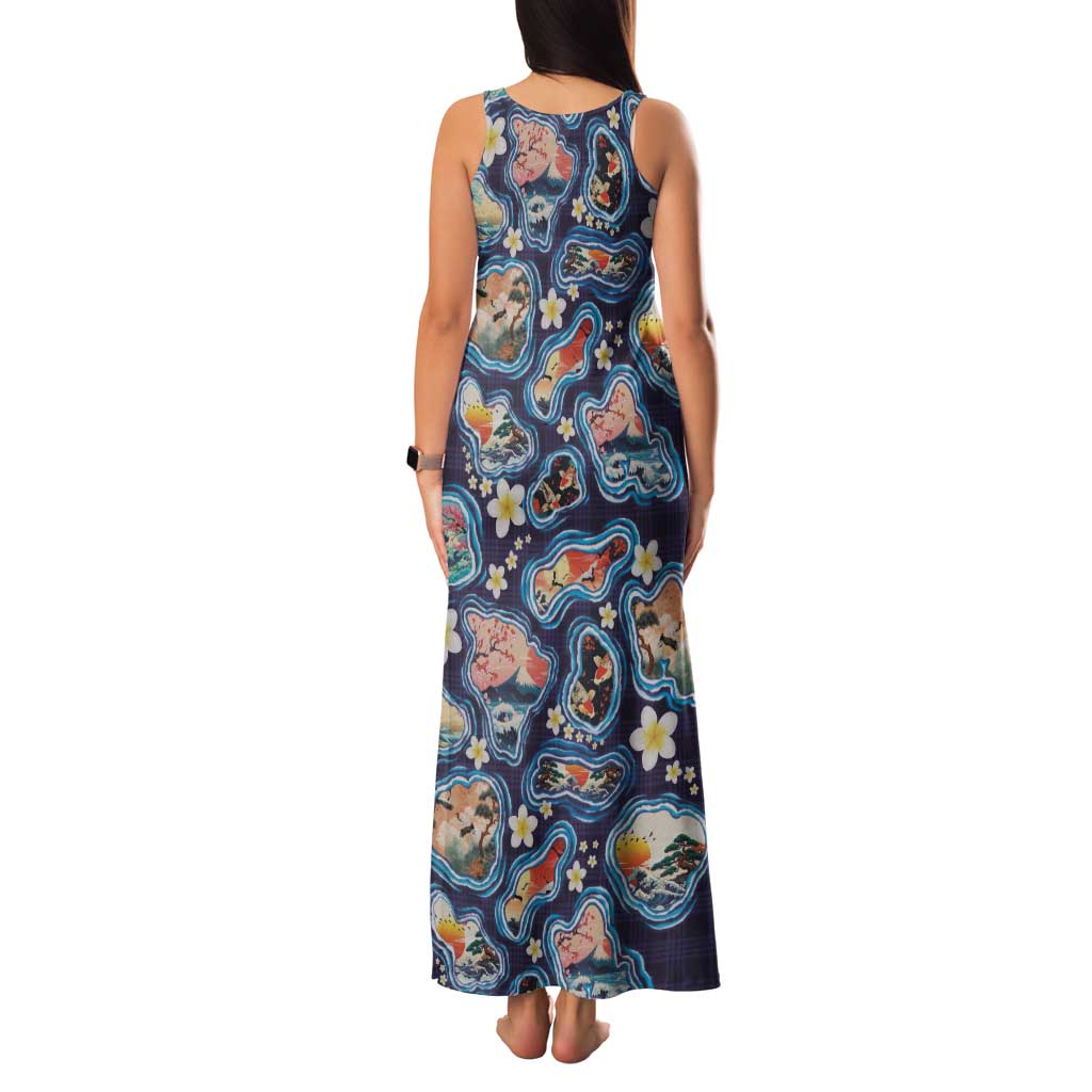 Hawaii Islands Map Design with Japanese Landscape Family Matching Tank Maxi Dress and Hawaiian Shirt Hawaiian Japan Fusion Art Navy Color LT03 - Polynesian Pride
