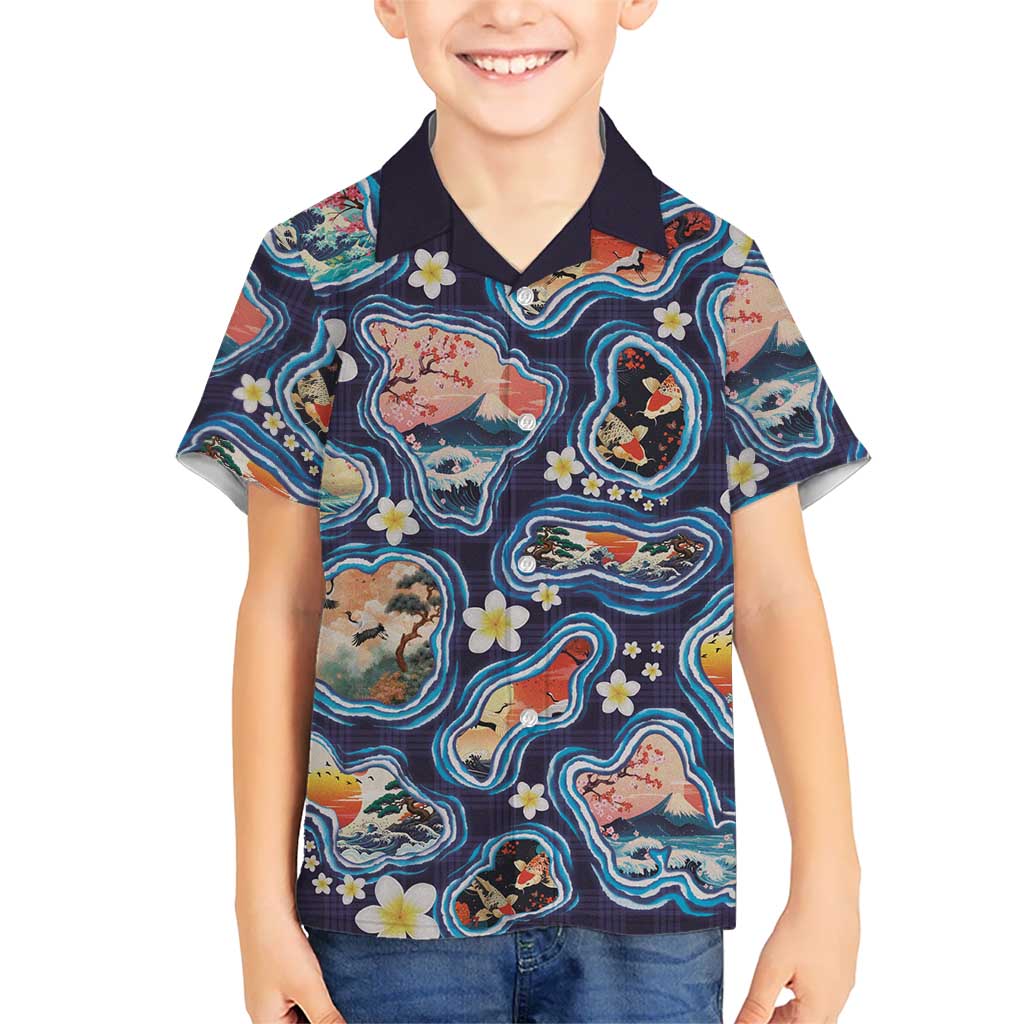 Hawaii Islands Map Design with Japanese Landscape Family Matching Tank Maxi Dress and Hawaiian Shirt Hawaiian Japan Fusion Art Navy Color LT03 Son's Shirt Navy - Polynesian Pride