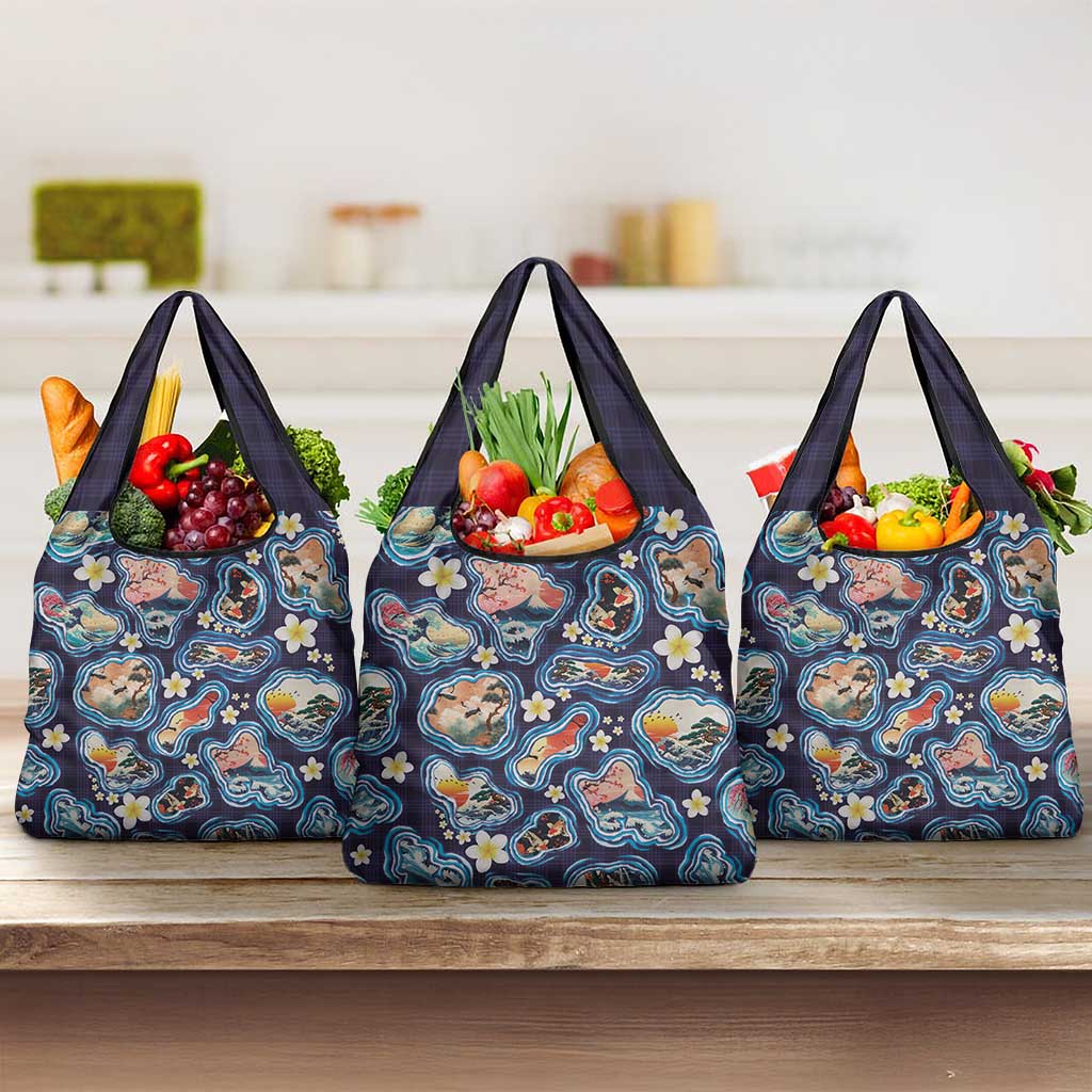 Hawaii Islands Map Design with Japanese Landscape Grocery Bag Hawaiian Japan Fusion Art Navy Color LT03 3-pack One Size Navy - Polynesian Pride