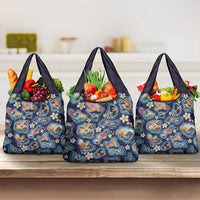 Hawaii Islands Map Design with Japanese Landscape Grocery Bag Hawaiian Japan Fusion Art Navy Color LT03 3-pack One Size Navy - Polynesian Pride
