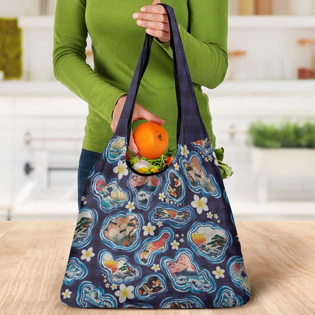 Hawaii Islands Map Design with Japanese Landscape Grocery Bag Hawaiian Japan Fusion Art Navy Color LT03 - Polynesian Pride