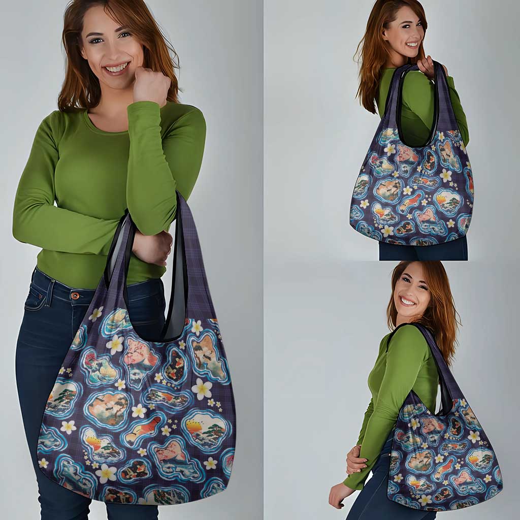 Hawaii Islands Map Design with Japanese Landscape Grocery Bag Hawaiian Japan Fusion Art Navy Color LT03 - Polynesian Pride