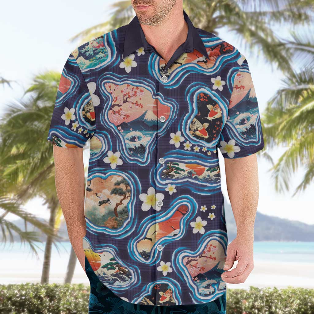 Hawaii Islands Map Design with Japanese Landscape Hawaiian Shirt Hawaiian Japan Fusion Art Navy Color LT03 - Polynesian Pride