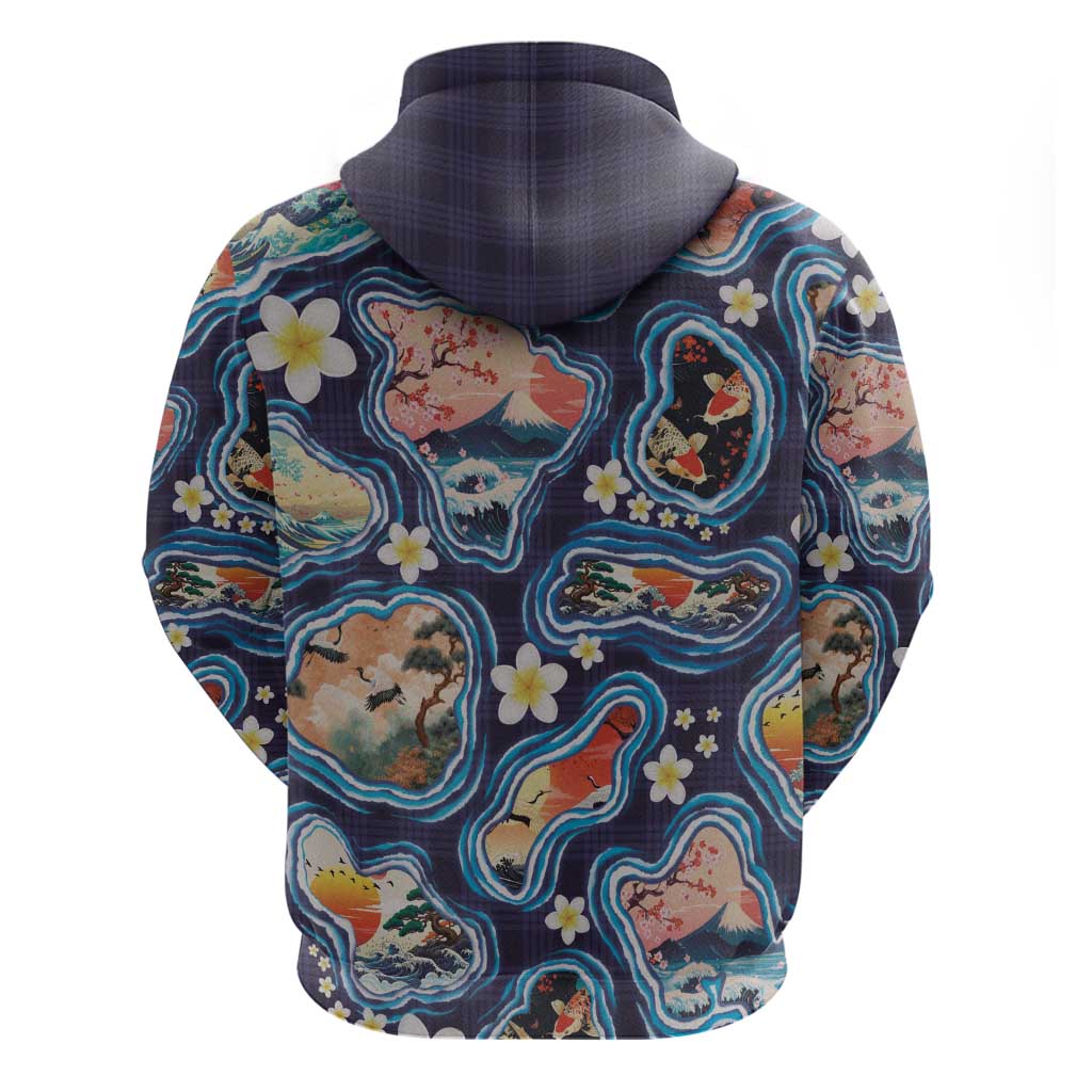 Hawaii Islands Map Design with Japanese Landscape Hoodie Hawaiian Japan Fusion Art Navy Color