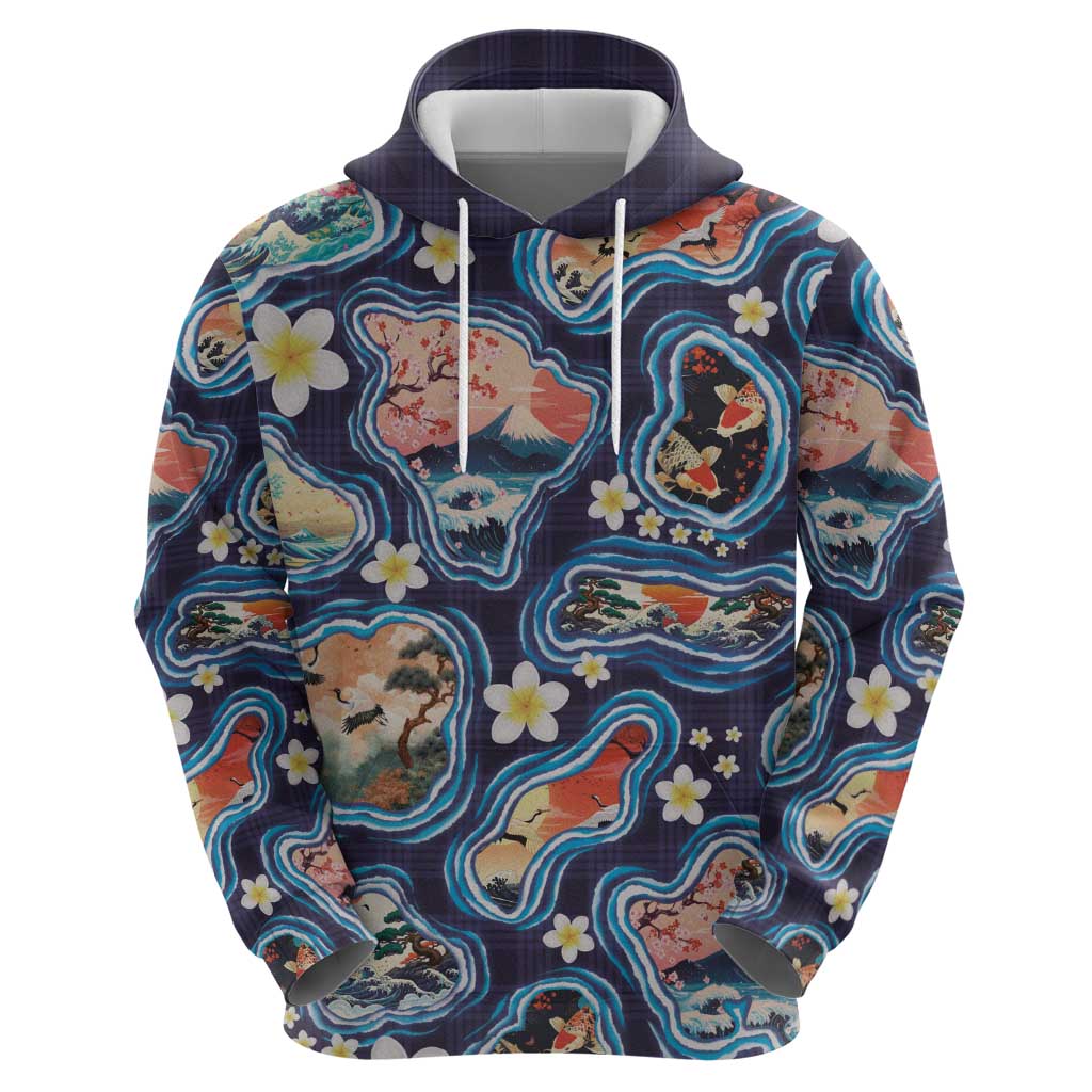 Hawaii Islands Map Design with Japanese Landscape Hoodie Hawaiian Japan Fusion Art Navy Color