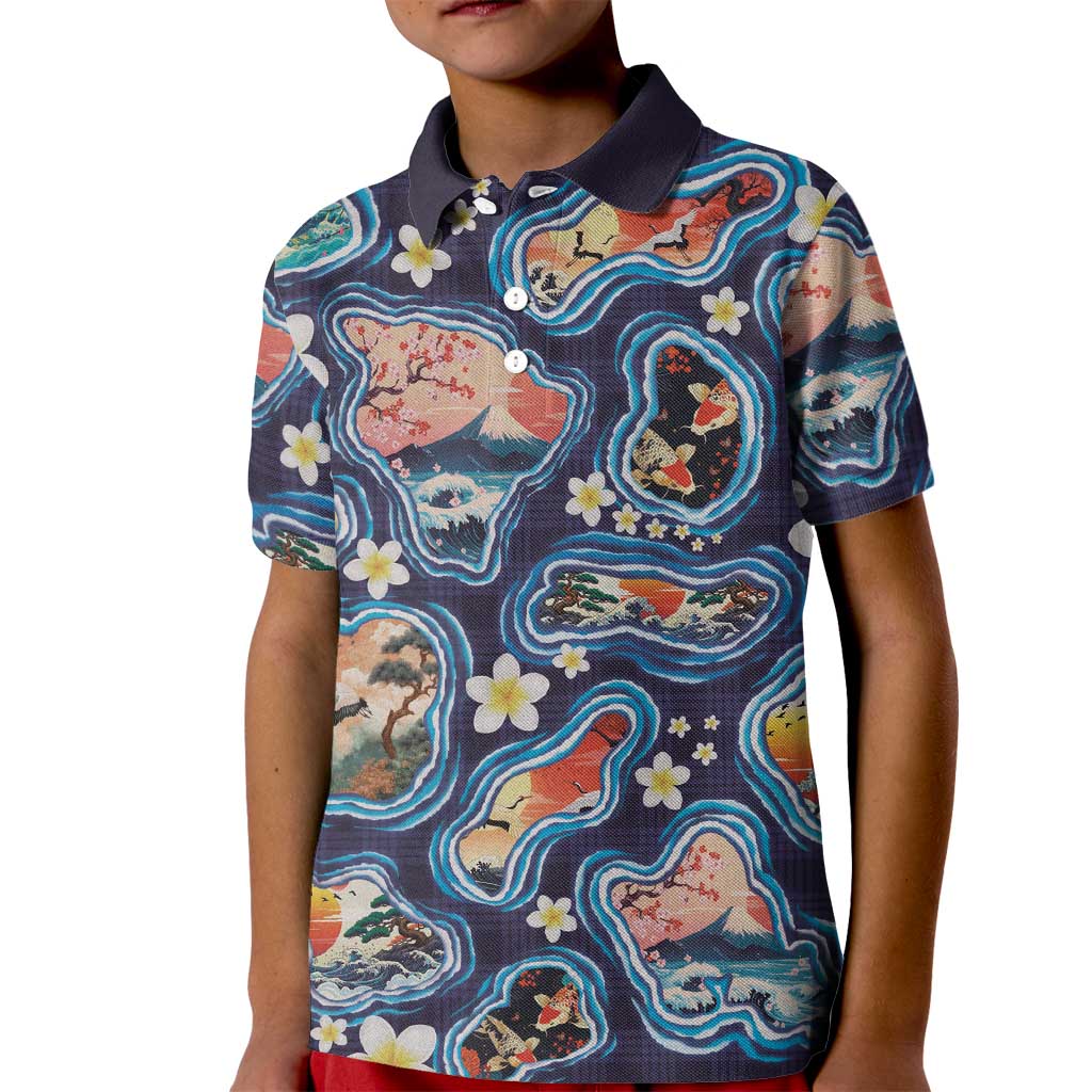 Hawaii Islands Map Design with Japanese Landscape Kid Polo Shirt Hawaiian Japan Fusion Art Navy Color