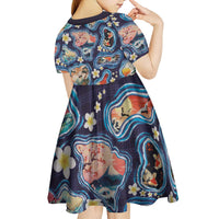 Hawaii Islands Map Design with Japanese Landscape Kid Short Sleeve Dress Hawaiian Japan Fusion Art Navy Color