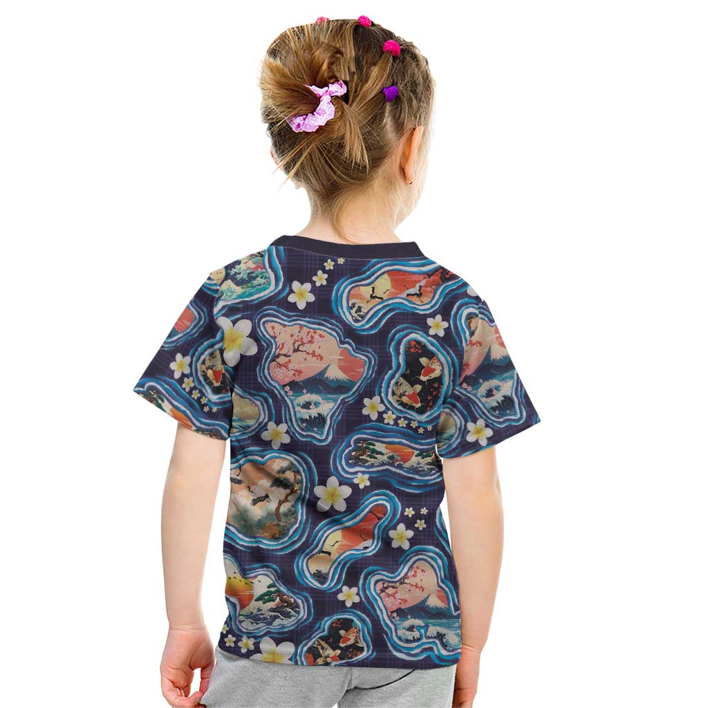 Hawaii Islands Map Design with Japanese Landscape Kid T Shirt Hawaiian Japan Fusion Art Navy Color