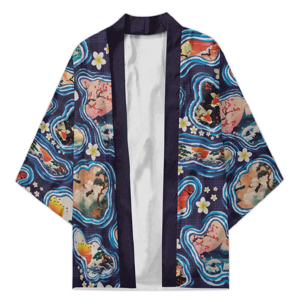 Hawaii Islands Map Design with Japanese Landscape Kimono Hawaiian Japan Fusion Art Navy Color