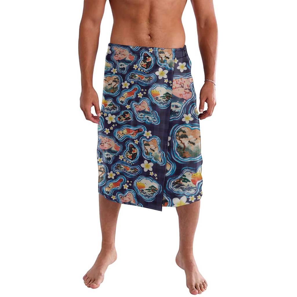Hawaii Islands Map Design with Japanese Landscape Lavalava Hawaiian Japan Fusion Art Navy Color