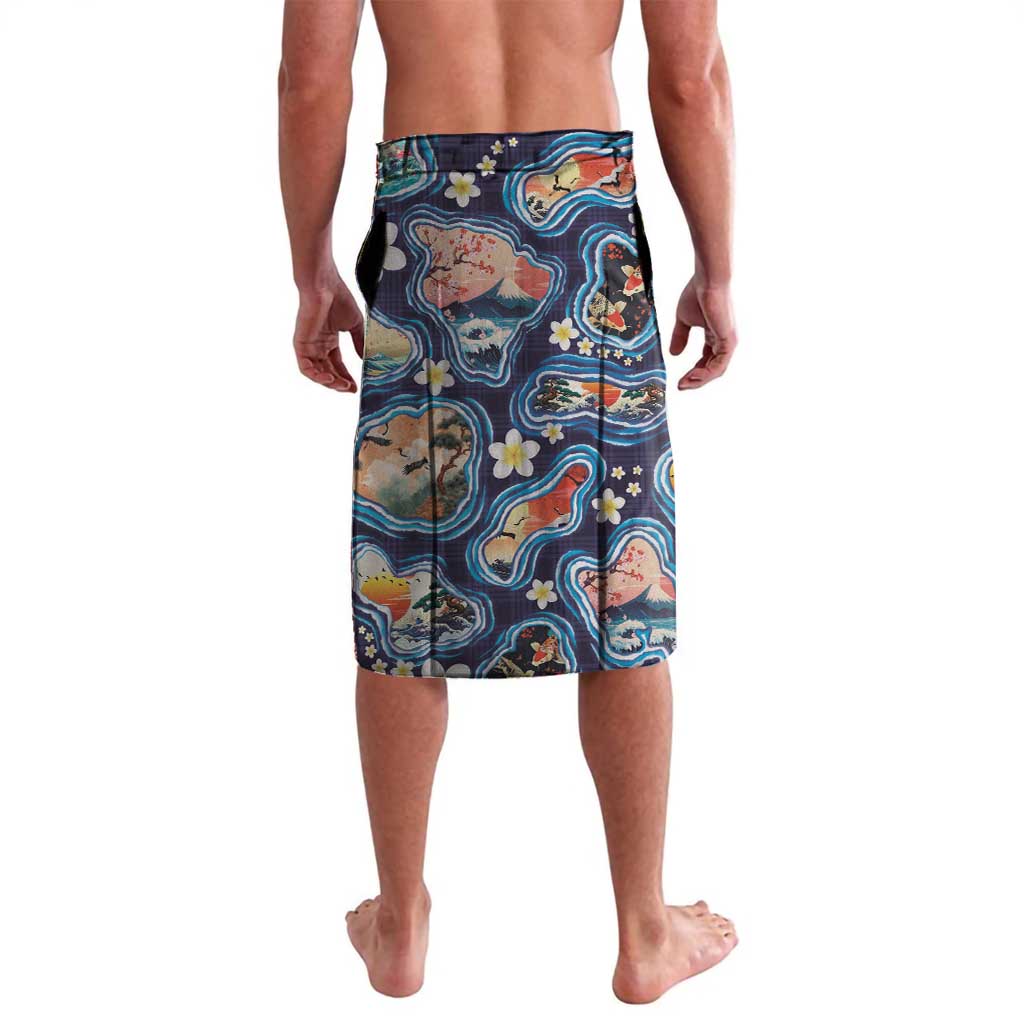 Hawaii Islands Map Design with Japanese Landscape Lavalava Hawaiian Japan Fusion Art Navy Color