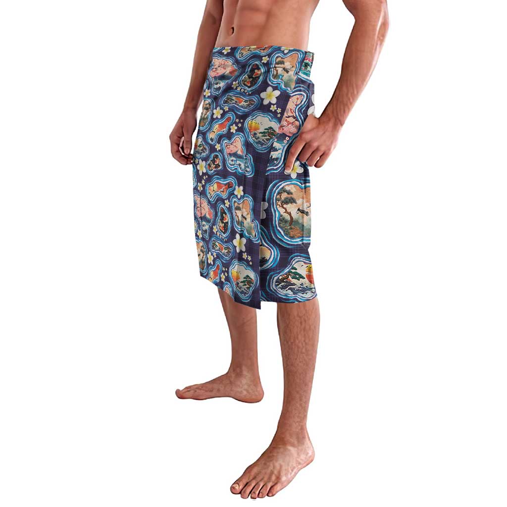 Hawaii Islands Map Design with Japanese Landscape Lavalava Hawaiian Japan Fusion Art Navy Color