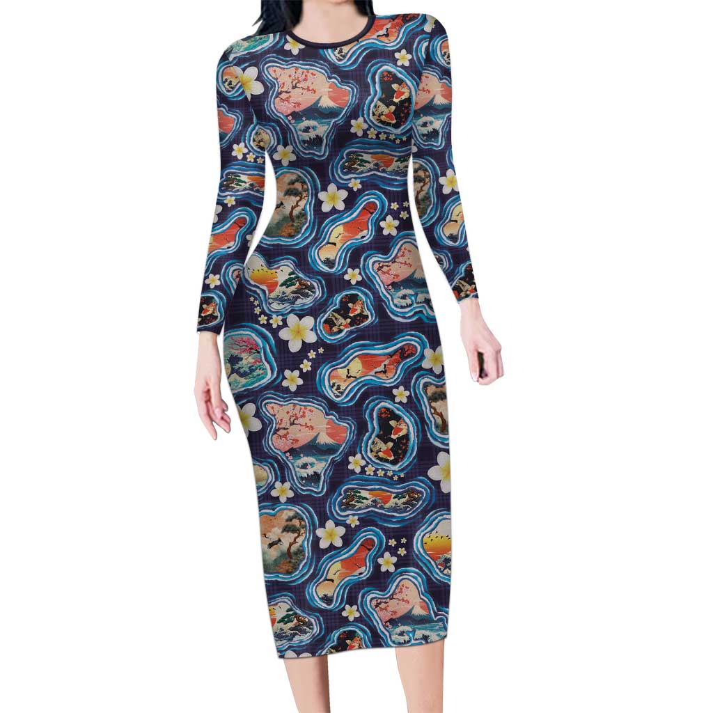 Hawaii Islands Map Design with Japanese Landscape Long Sleeve Bodycon Dress Hawaiian Japan Fusion Art Navy Color