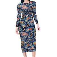 Hawaii Islands Map Design with Japanese Landscape Long Sleeve Bodycon Dress Hawaiian Japan Fusion Art Navy Color