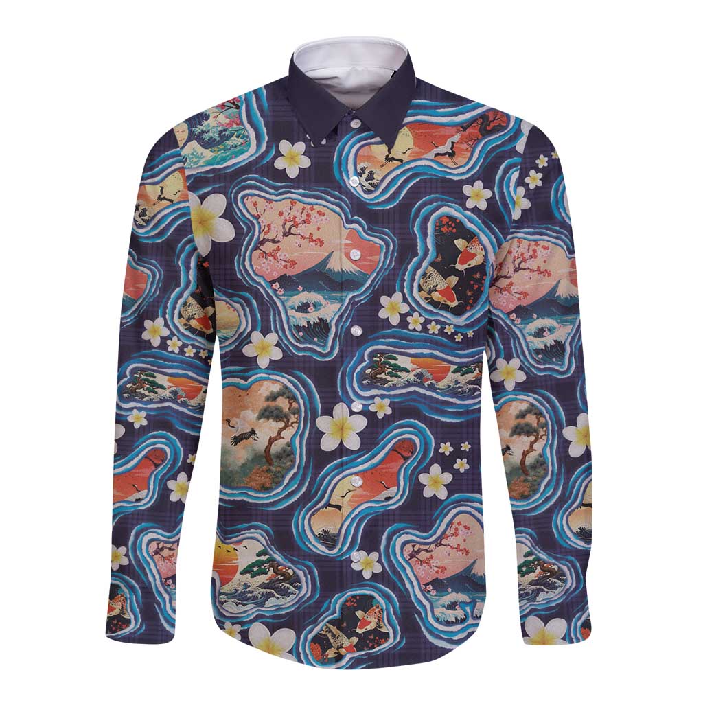 Hawaii Islands Map Design with Japanese Landscape Long Sleeve Button Shirt Hawaiian Japan Fusion Art Navy Color LT03 Unisex Navy - Polynesian Pride