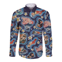 Hawaii Islands Map Design with Japanese Landscape Long Sleeve Button Shirt Hawaiian Japan Fusion Art Navy Color LT03 Unisex Navy - Polynesian Pride