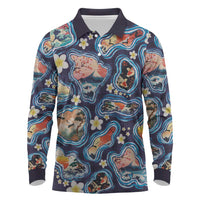 Hawaii Islands Map Design with Japanese Landscape Long Sleeve Polo Shirt Hawaiian Japan Fusion Art Navy Color LT03 Navy - Polynesian Pride