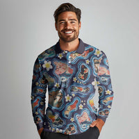 Hawaii Islands Map Design with Japanese Landscape Long Sleeve Polo Shirt Hawaiian Japan Fusion Art Navy Color LT03 - Polynesian Pride