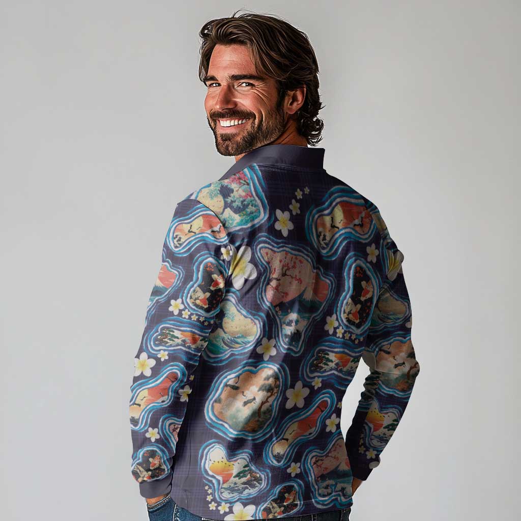 Hawaii Islands Map Design with Japanese Landscape Long Sleeve Polo Shirt Hawaiian Japan Fusion Art Navy Color LT03 - Polynesian Pride