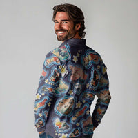 Hawaii Islands Map Design with Japanese Landscape Long Sleeve Polo Shirt Hawaiian Japan Fusion Art Navy Color LT03 - Polynesian Pride