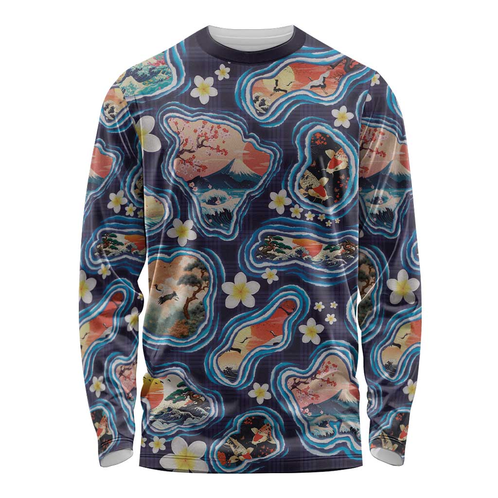 Hawaii Islands Map Design with Japanese Landscape Long Sleeve Shirt Hawaiian Japan Fusion Art Navy Color