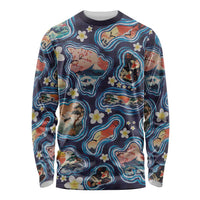Hawaii Islands Map Design with Japanese Landscape Long Sleeve Shirt Hawaiian Japan Fusion Art Navy Color