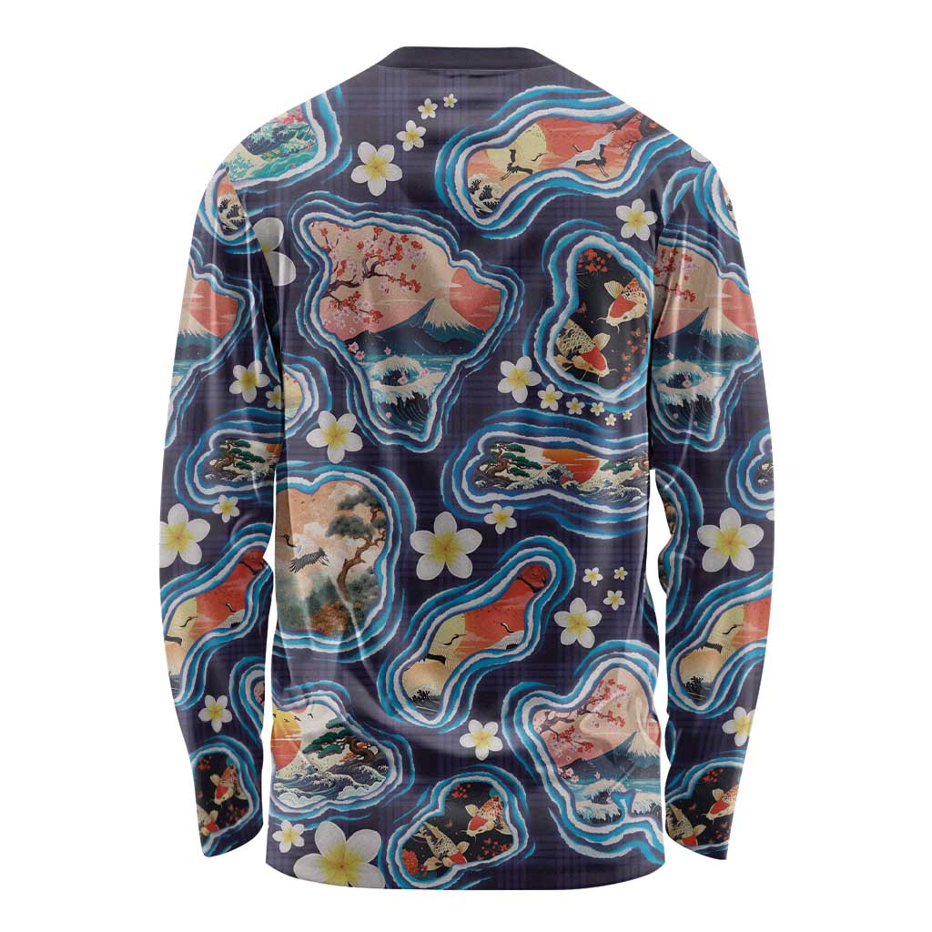 Hawaii Islands Map Design with Japanese Landscape Long Sleeve Shirt Hawaiian Japan Fusion Art Navy Color