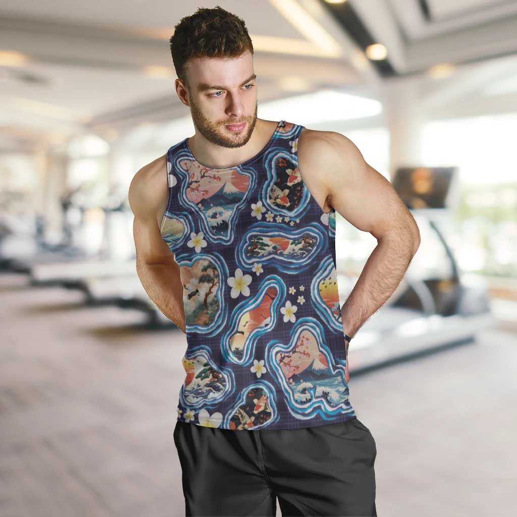 Hawaii Islands Map Design with Japanese Landscape Men Tank Top Hawaiian Japan Fusion Art Navy Color LT03 Navy - Polynesian Pride