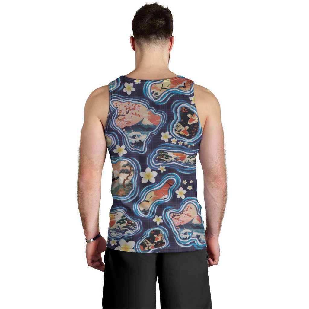 Hawaii Islands Map Design with Japanese Landscape Men Tank Top Hawaiian Japan Fusion Art Navy Color LT03 - Polynesian Pride