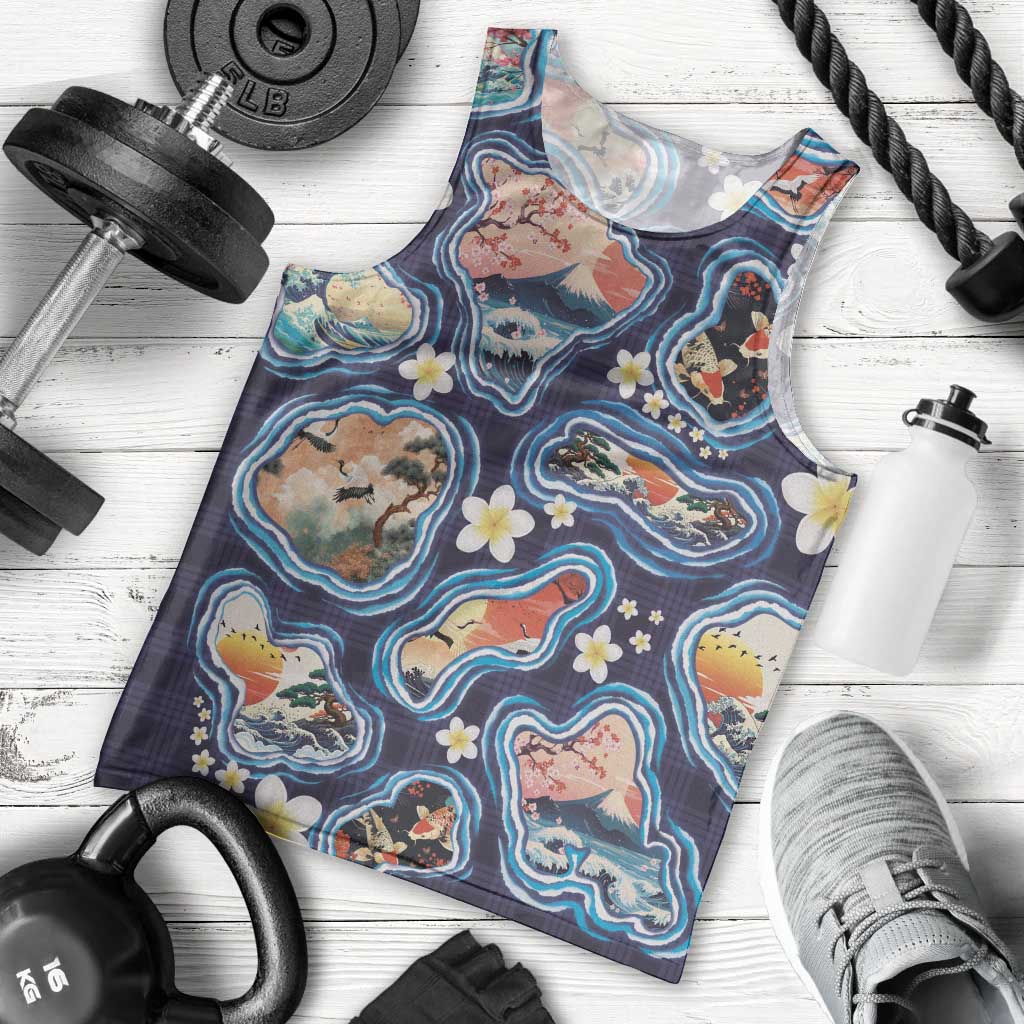 Hawaii Islands Map Design with Japanese Landscape Men Tank Top Hawaiian Japan Fusion Art Navy Color LT03 - Polynesian Pride