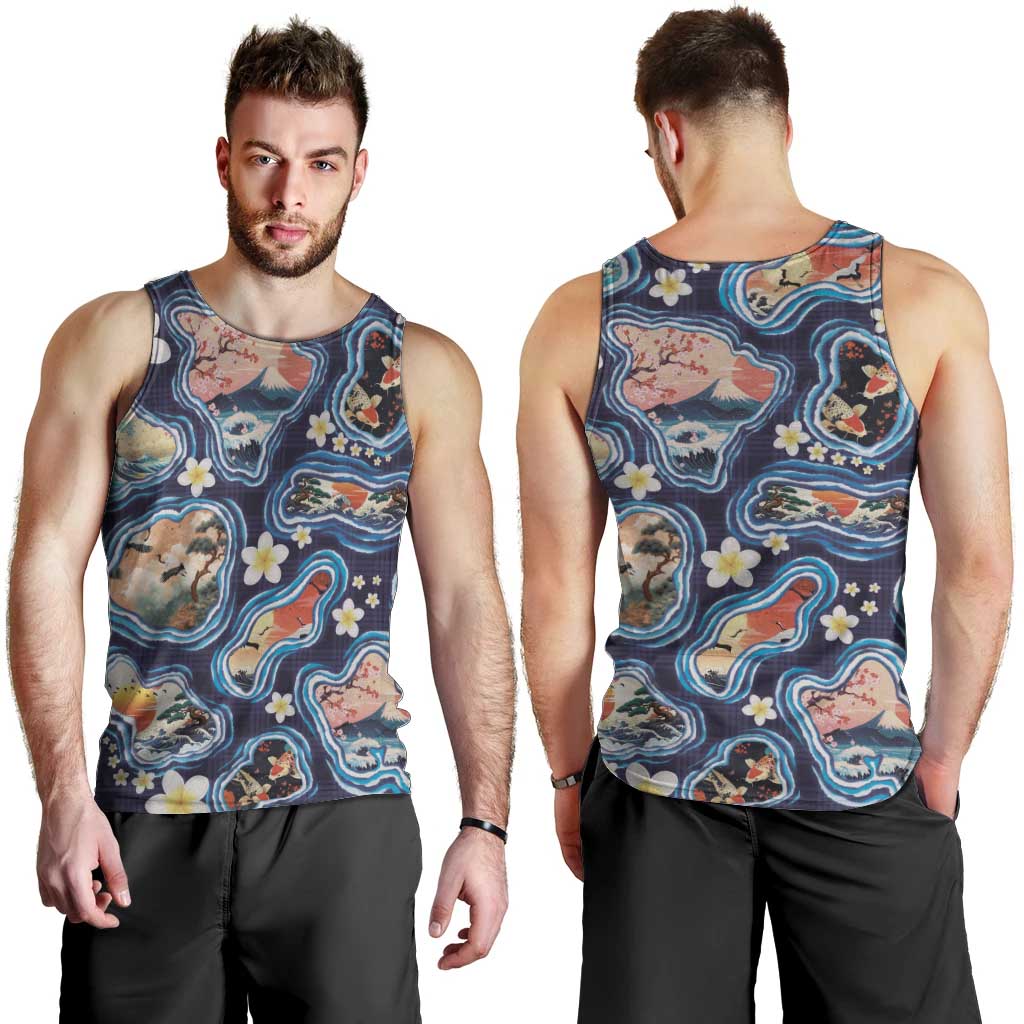 Hawaii Islands Map Design with Japanese Landscape Men Tank Top Hawaiian Japan Fusion Art Navy Color LT03 - Polynesian Pride
