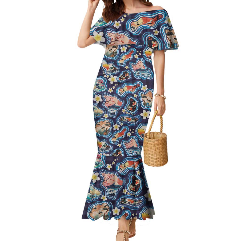 Hawaii Islands Map Design with Japanese Landscape Mermaid Dress Hawaiian Japan Fusion Art Navy Color