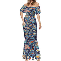 Hawaii Islands Map Design with Japanese Landscape Mermaid Dress Hawaiian Japan Fusion Art Navy Color