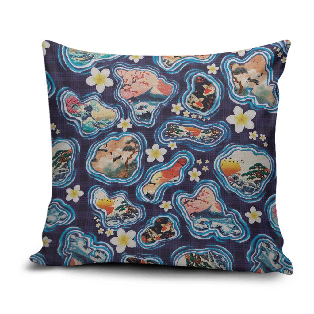 Hawaii Islands Map Design with Japanese Landscape Pillow Cover Hawaiian Japan Fusion Art Navy Color