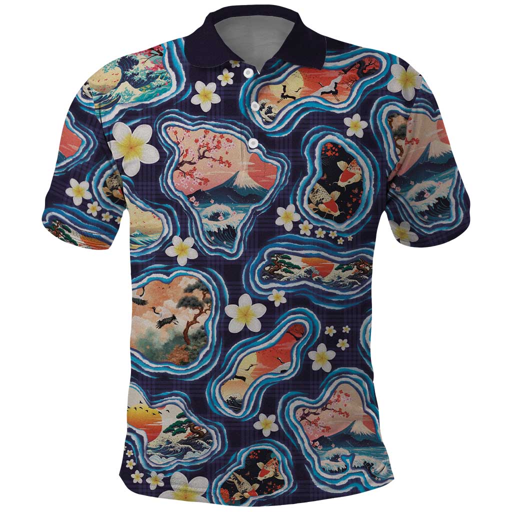 Hawaii Islands Map Design with Japanese Landscape Polo Shirt Hawaiian Japan Fusion Art Navy Color LT03 Navy - Polynesian Pride
