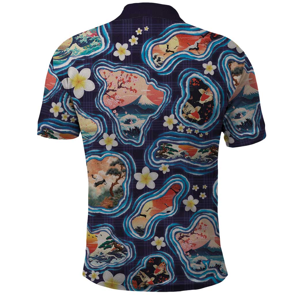 Hawaii Islands Map Design with Japanese Landscape Polo Shirt Hawaiian Japan Fusion Art Navy Color LT03 - Polynesian Pride