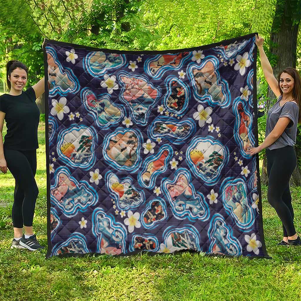Hawaii Islands Map Design with Japanese Landscape Quilt Hawaiian Japan Fusion Art Navy Color