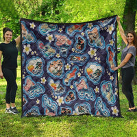 Hawaii Islands Map Design with Japanese Landscape Quilt Hawaiian Japan Fusion Art Navy Color