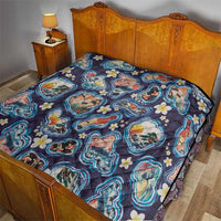 Hawaii Islands Map Design with Japanese Landscape Quilt Hawaiian Japan Fusion Art Navy Color