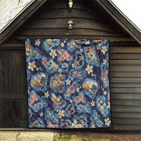 Hawaii Islands Map Design with Japanese Landscape Quilt Hawaiian Japan Fusion Art Navy Color