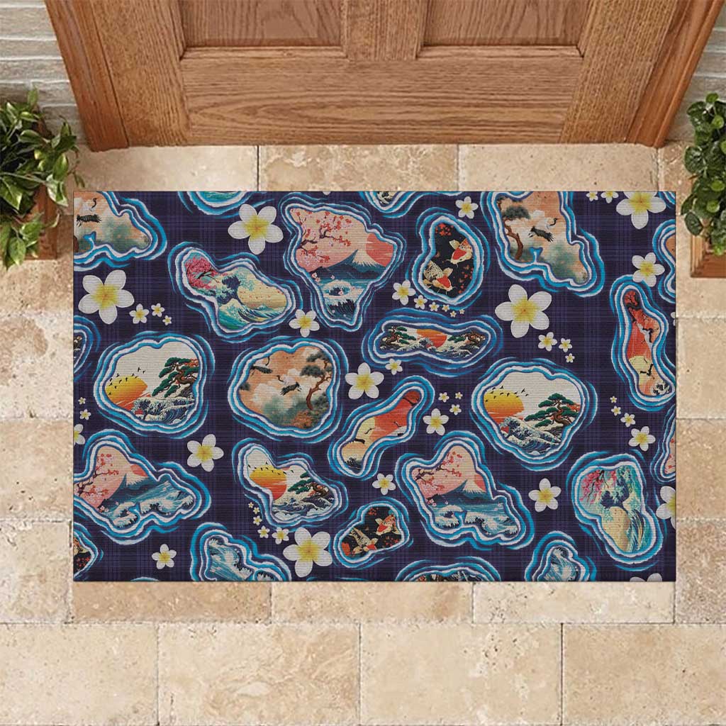 Hawaii Islands Map Design with Japanese Landscape Rubber Doormat Hawaiian Japan Fusion Art Navy Color