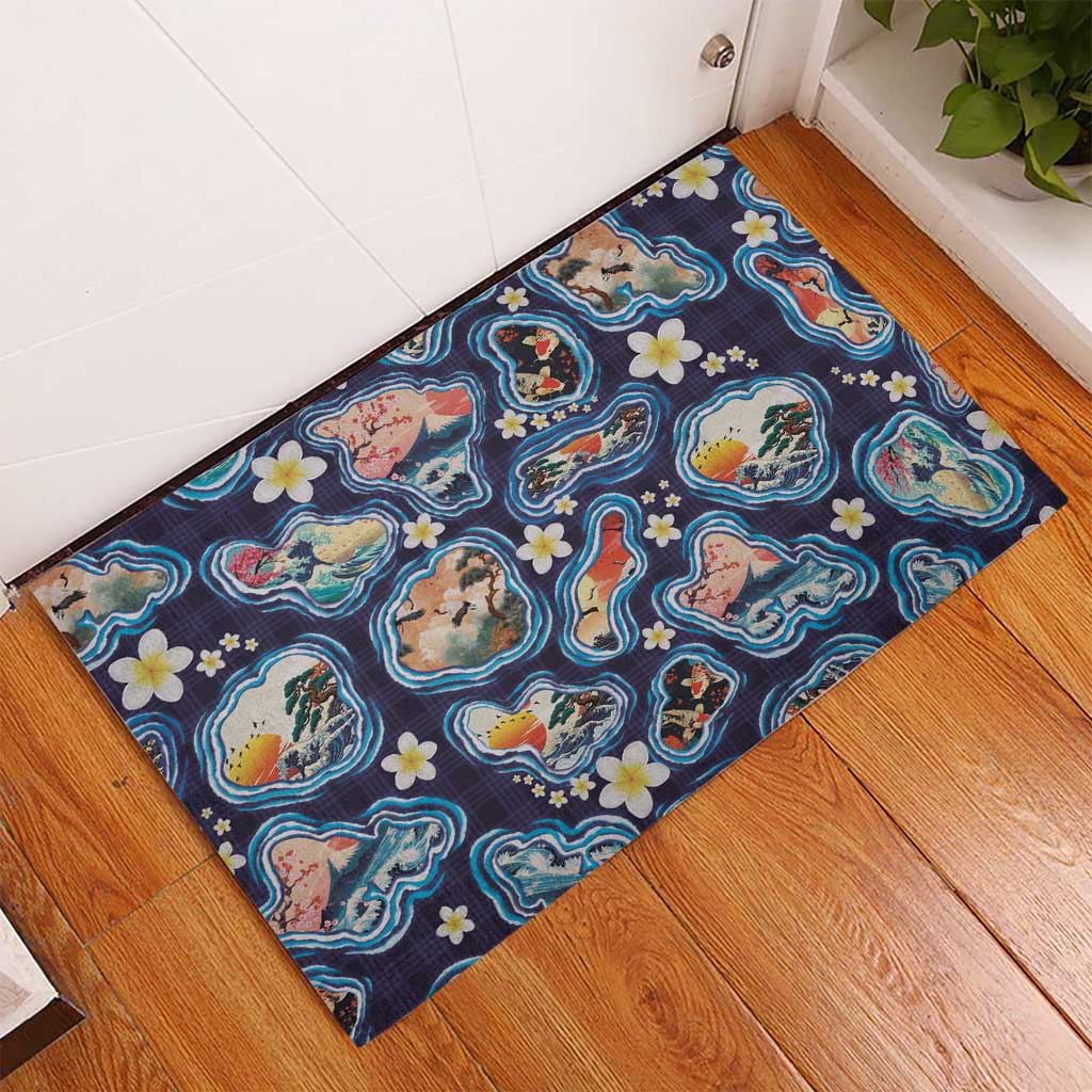 Hawaii Islands Map Design with Japanese Landscape Rubber Doormat Hawaiian Japan Fusion Art Navy Color