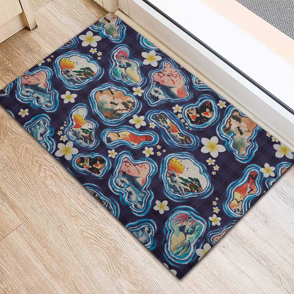 Hawaii Islands Map Design with Japanese Landscape Rubber Doormat Hawaiian Japan Fusion Art Navy Color